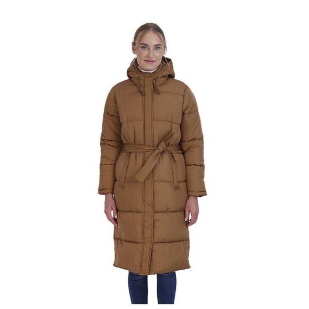 Puffer Hooded Knee Length Jacket Brown Women’s Size XL Winter Coat Quilted Warm